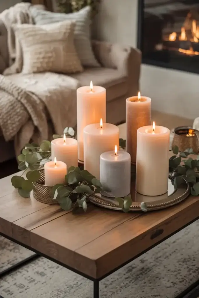 Home decor candles arranged on a rustic coffee table with greenery, adding a cozy ambiance to the living room.