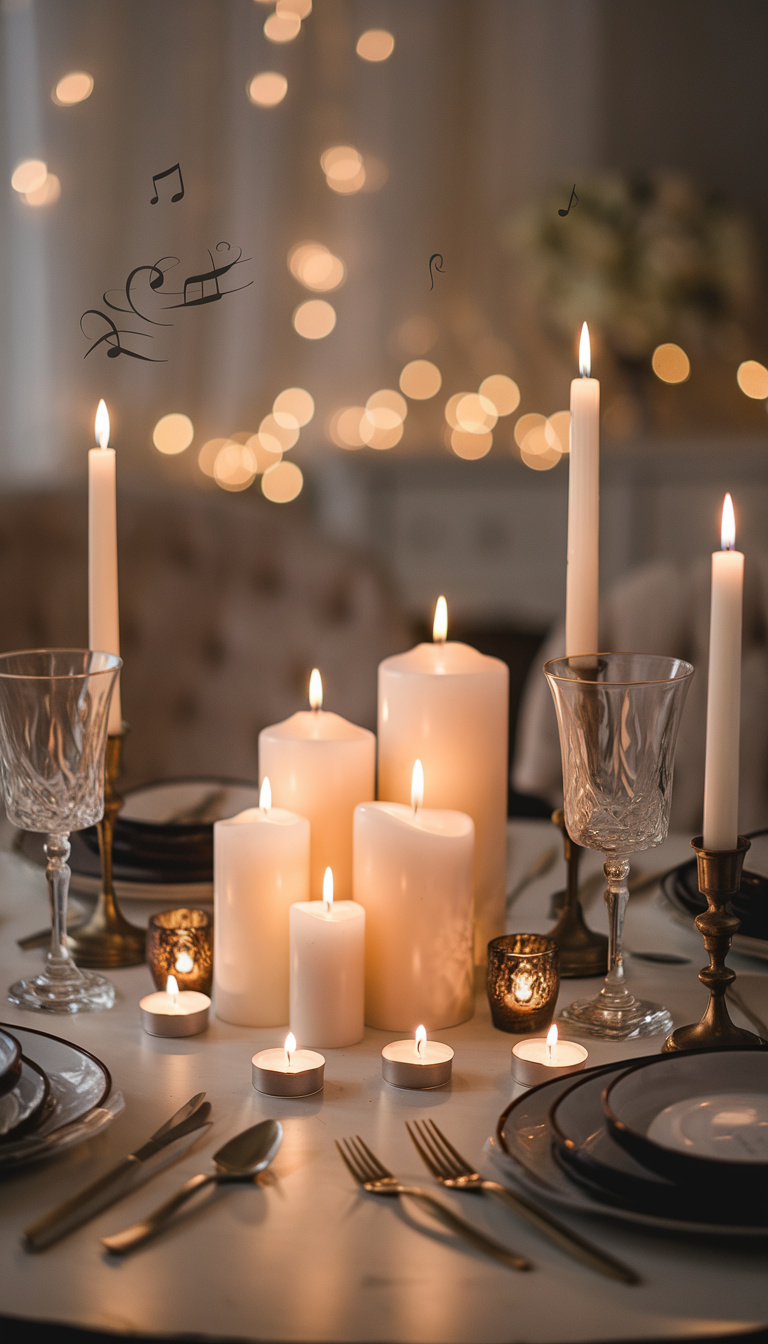 A cozy, intimate dining scene featuring a beautifully set table for two. Tealight candles are scattered across the table, casting a soft, warm glow. In the center, a cluster of elegant pillar candles of varying heights creates a dramatic focal point. Taper candles in ornate holders add a touch of sophistication. The background is softly blurred, with hints of romantic decor and gentle music notes, evoking a sense of elegance and romance.