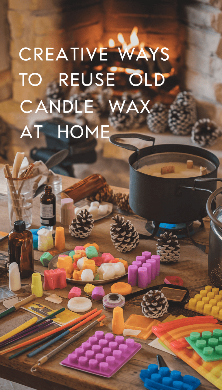 A cozy, inviting workspace filled with vibrant candle-making supplies. Colorful wax blocks, essential oil bottles, and creative molds are scattered across the rustic wooden table. In the center, a double boiler gently melts wax, surrounded by finished candles and wax melts in various shapes and hues. A glowing fireplace showcases wax-coated pine cones. The post title, "Creative Ways to Reuse Old Candle Wax at Home," elegantly overlays the scene, capturing the essence of sustainable creativity.