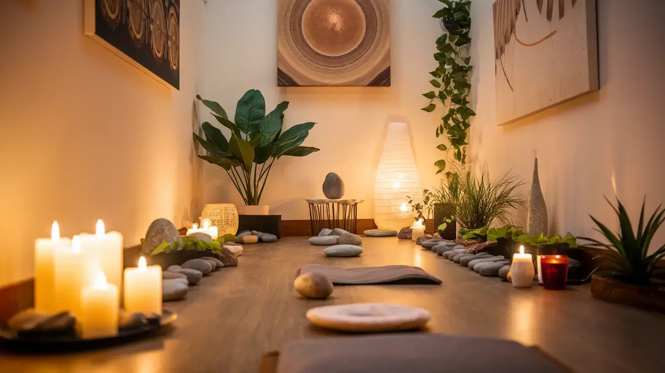 Feng Shui and wellness-inspired meditation room featuring candles, natural plants, smooth stones, and calming lighting for balance and harmony.