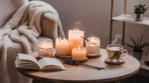 A cozy self care setup featuring a wooden table with lit self care candles, a steaming cup of herbal tea, and an open book. The soft ambiance promotes relaxation.