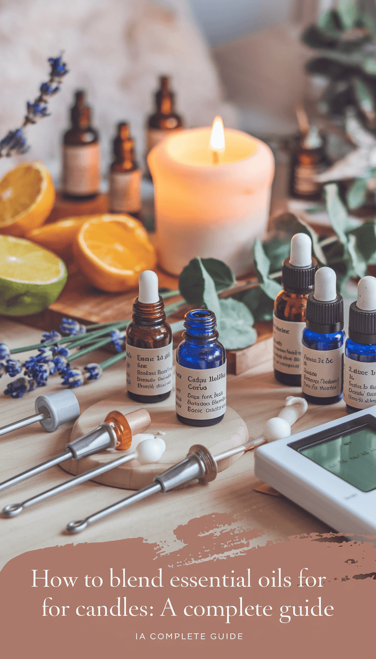 A photo of a cozy, inviting workspace filled with candle-making tools: droppers, measuring spoons, and a digital scale. Amber and cobalt glass bottles of essential oils are neatly arranged, each labeled with names and dates. In the background, a lit candle emits a gentle glow, surrounded by lavender, citrus, and eucalyptus sprigs. The post title, "How to Blend Essential Oils for Candles: A Complete Guide," elegantly overlays the scene, capturing the essence of creativity and the art of scent blending.
