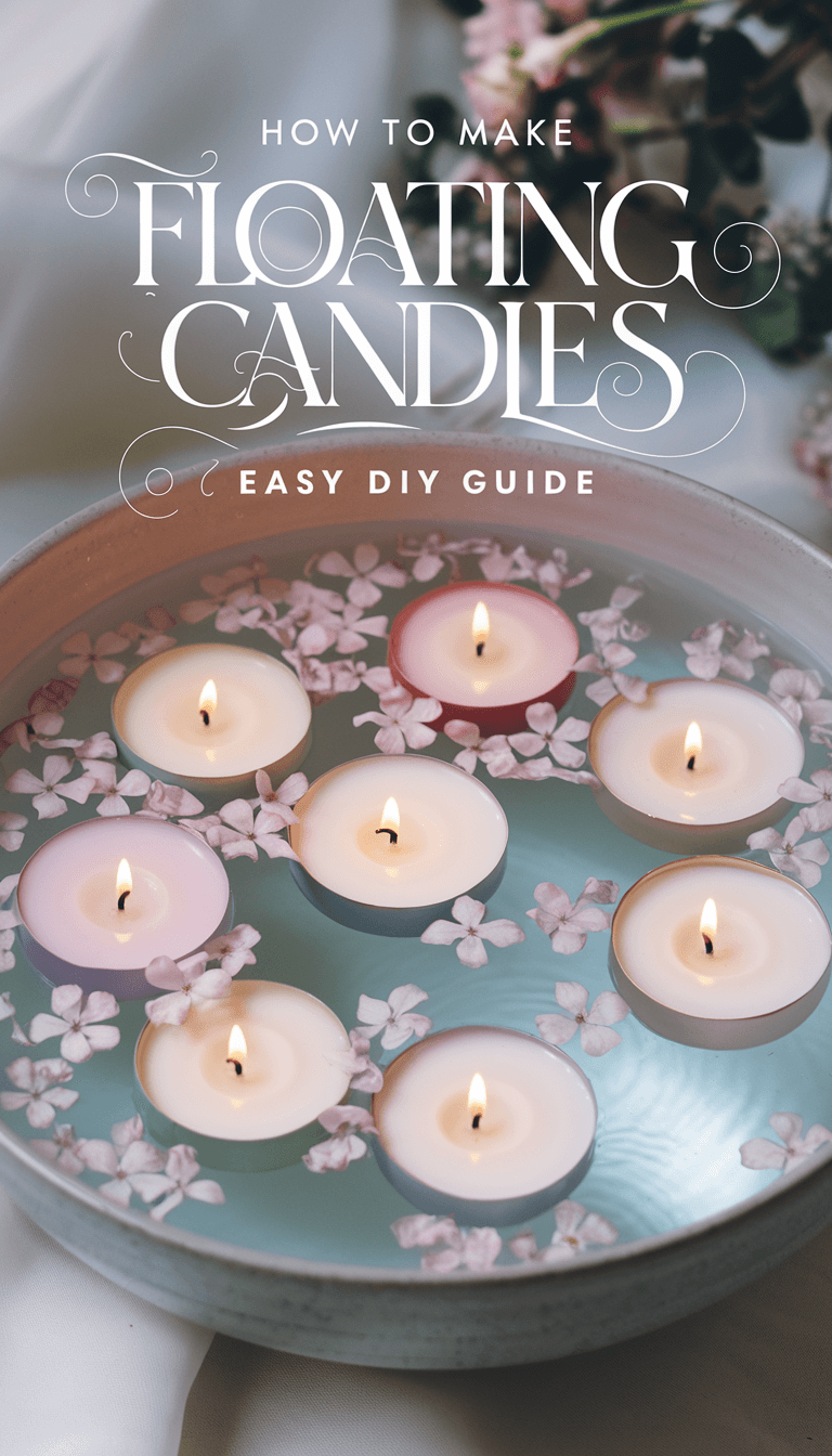 A photo of a serene, water-filled bowl adorned with elegantly crafted floating candles. Each candle is glowing softly and casting gentle reflections. The candles are in varying sizes and pastel hues, and they are surrounded by delicate flower petals. Above this enchanting scene, the title "How to Make Floating Candles: Easy DIY Guide" is artistically integrated, using a graceful, flowing font that complements the peaceful setting. The image captures the essence of creativity and tranquility, inviting viewers to explore the art of candle-making.