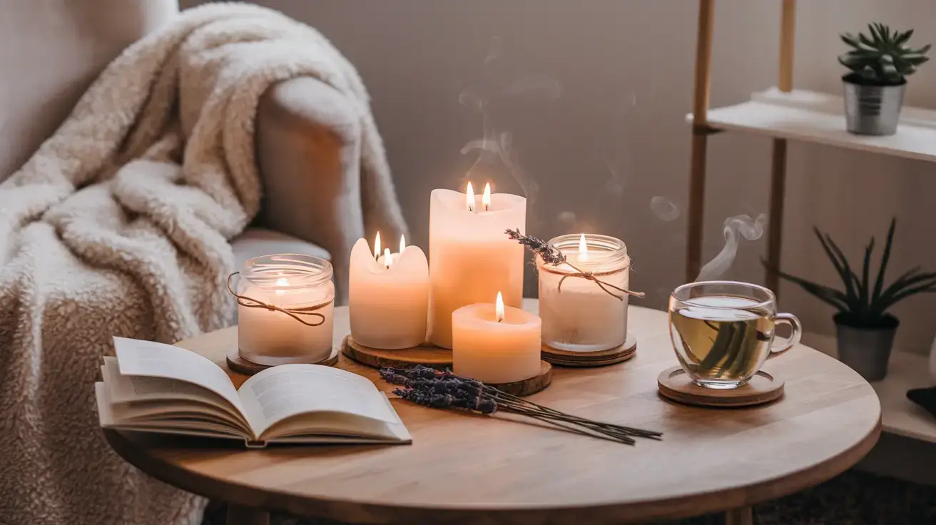 A cozy self care setup featuring a wooden table with lit self care candles, a steaming cup of herbal tea, and an open book. The soft ambiance promotes relaxation.