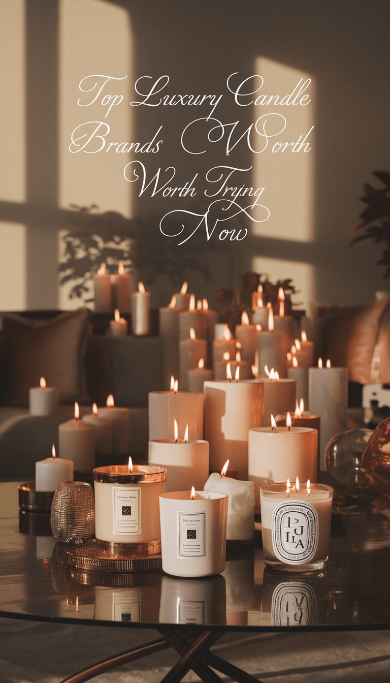 A photo of a serene, elegant living room bathed in the warm glow of luxury candles. The flickering flames cast soft shadows on the walls, creating an inviting ambiance. Exquisite candle jars from top brands like Jo Malone and Diptyque are artfully arranged on a polished wooden table. The air is filled with rich, complex scents, evoking tranquility and sophistication. Above, the title "Top Luxury Candle Brands Worth Trying Now" is elegantly scripted, blending seamlessly into the scene, inviting viewers to explore the world of luxury candles.